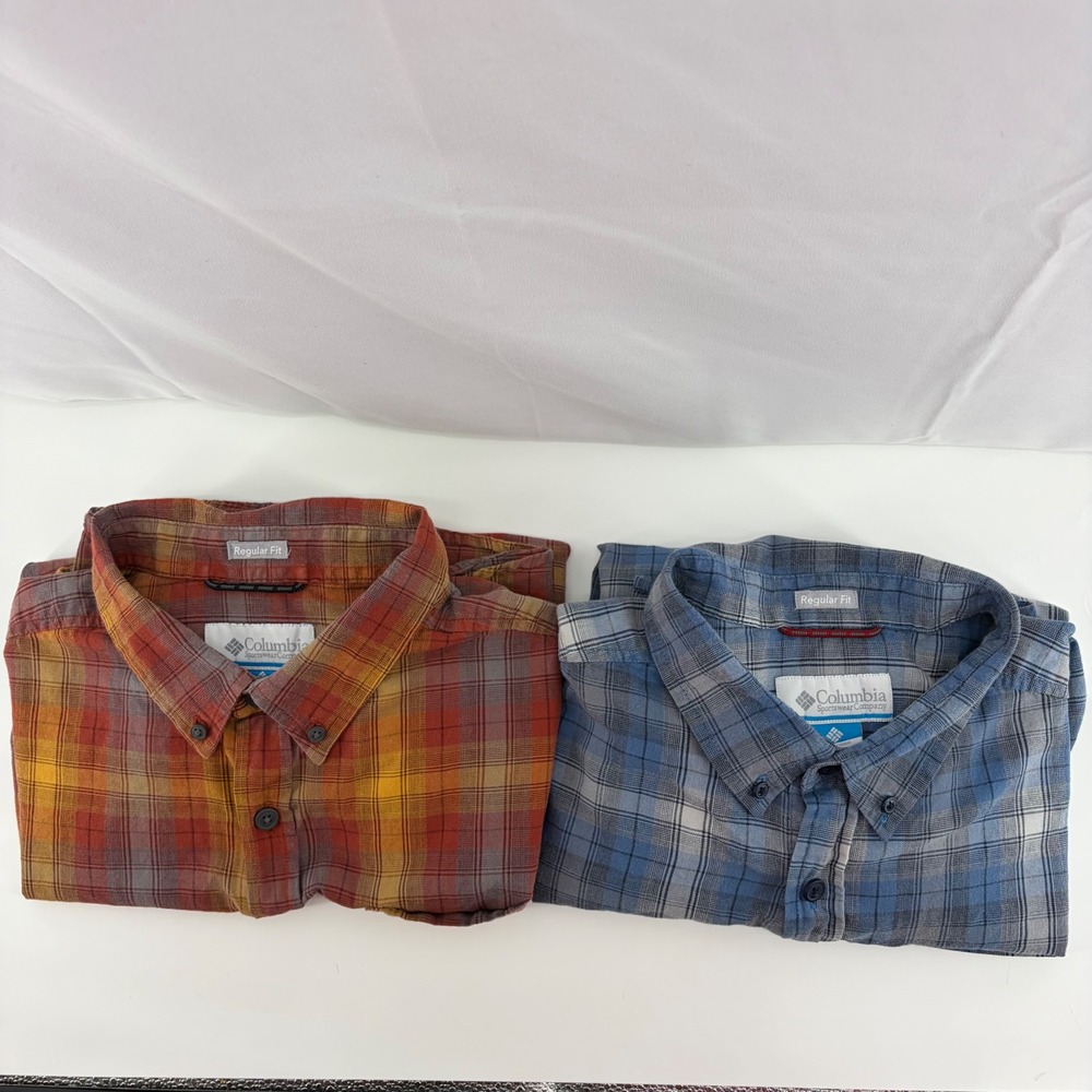 Columbia Mens Large Regular Fit Plaid Button Down Shirt Orange Yellow Cotton